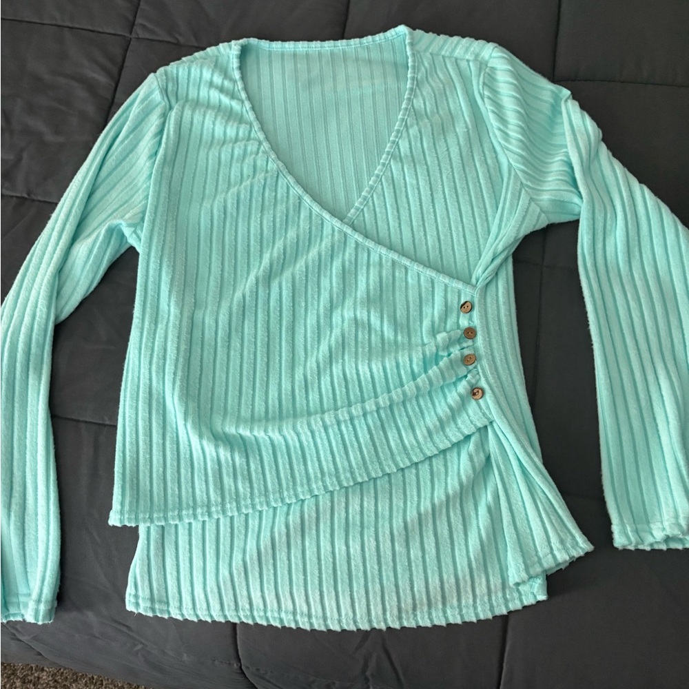 Mint Green Ribbed Wrap Top - Picture 2 of 2